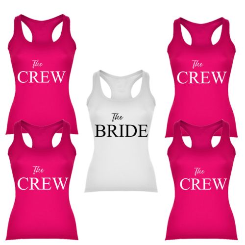 Rozlučkové pink tielka The Crew/The Bride